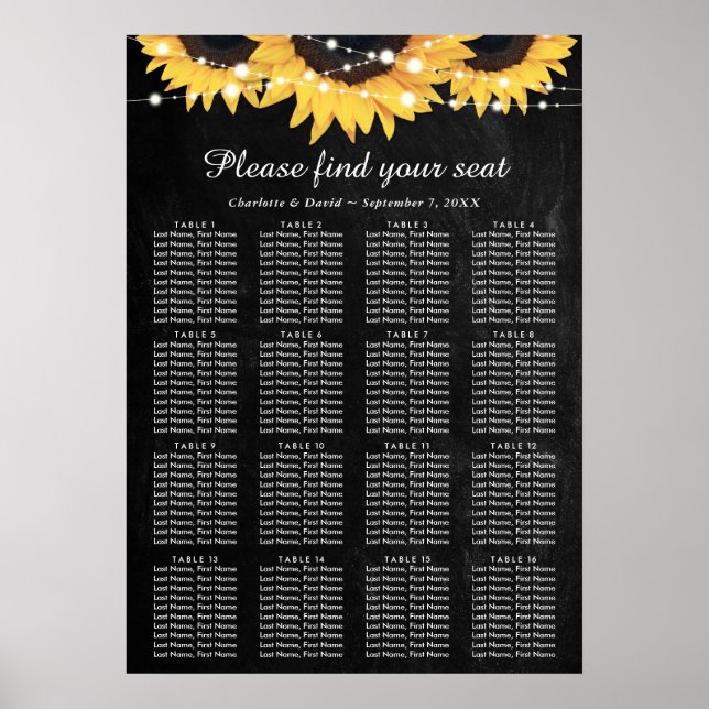 Póster Cuadro de asiento 16 del Boda de girasol de pizarr (Frente)