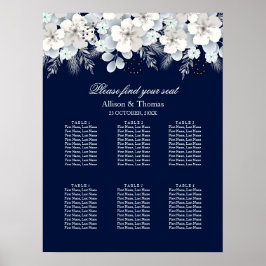 Póster Cuadro de asiento boda Flor blanca sakura azul