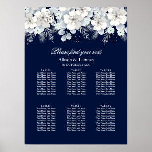 Póster Cuadro de asiento boda Flor blanca sakura azul