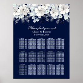 Póster Cuadro de asiento boda Flor blanca sakura azul