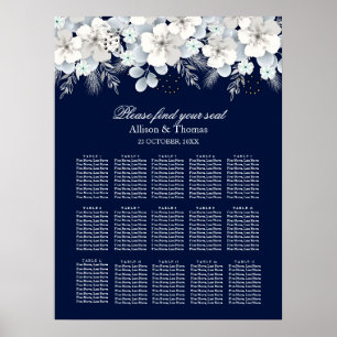 Póster Cuadro de asiento boda Flor blanca sakura azul