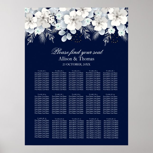 Póster Cuadro de asiento boda Flor blanca sakura azul (Frente)