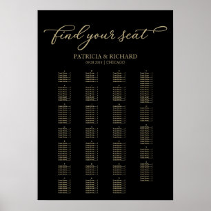 Póster Cuadro de asientos alfabético Elegante Oro Negro