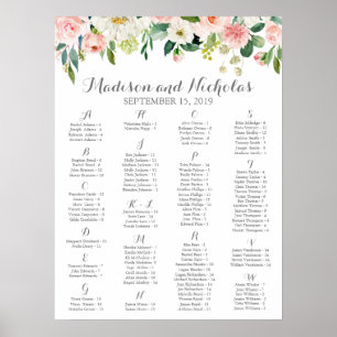 Póster Cuadro de asientos alfabéticos de flores rosadas y