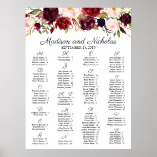 Póster Cuadro de asientos alfabéticos florales de Marsala
