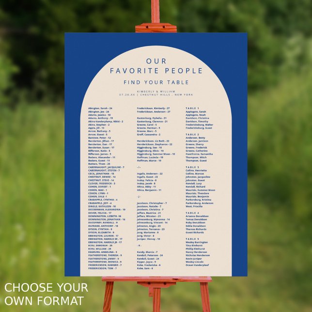 Póster Cuadro de asientos Boda de Marseille Bleu 150 invi (Marseille Bleu Modern Wedding Seating Chart Alphabetical For Up To 150 Guests Choose Your Own Format)