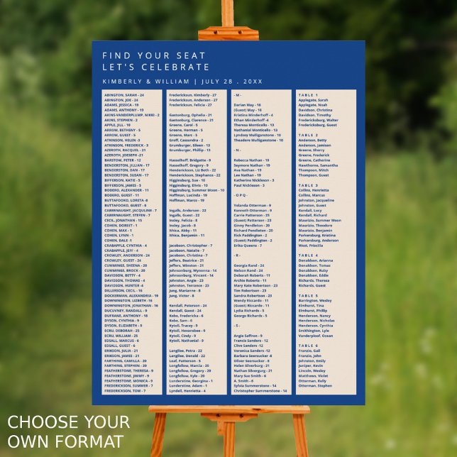 Póster Cuadro de asientos Boda de Marseille Bleu 240 invi (Marseille Bleu Modern Wedding Seating Chart Alphabetical Up To 240 Guests Choose Your Own Format)