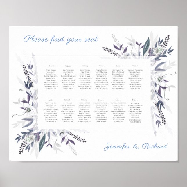 Póster Cuadro de asientos boda Jardín de poetas, AZUL OSC (Frente)