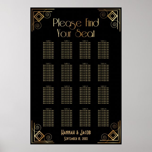 Póster Cuadro de asientos de 16 mesas de estilo Art Deco  (Frente)