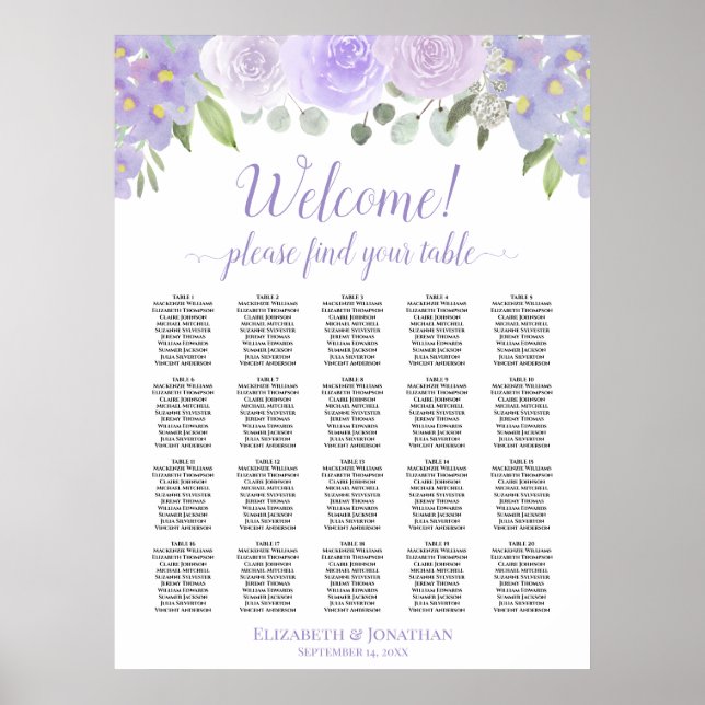 Póster Cuadro de asientos de 20 Bodas de mesa de lavanda (Frente)