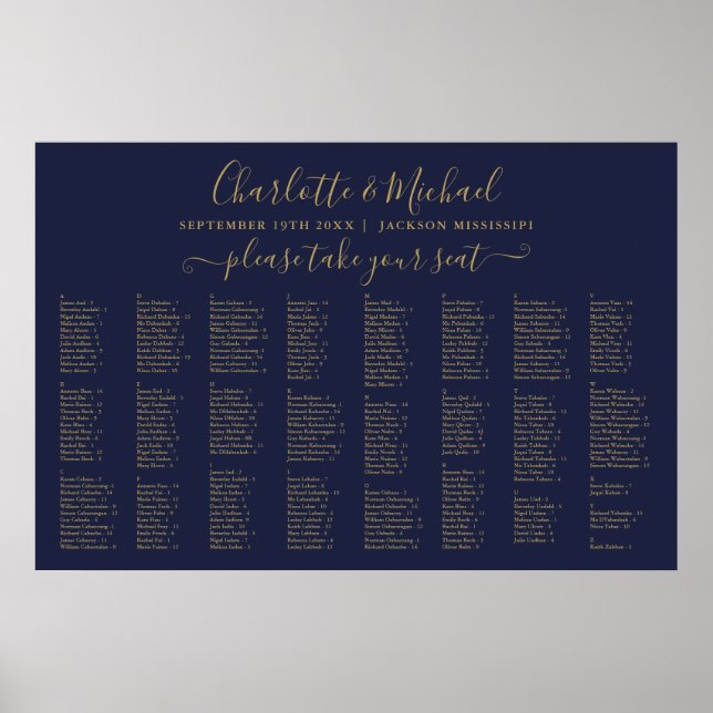 Póster Cuadro De Asientos De Boda De 300 Nombres Azul Y O (Frente)
