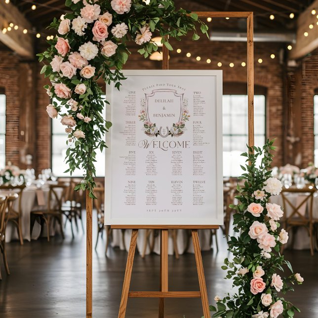 Póster Cuadro de asientos de Boda de Escudo floral occide (Country Western Floral Crest Wedding Seating Chart)