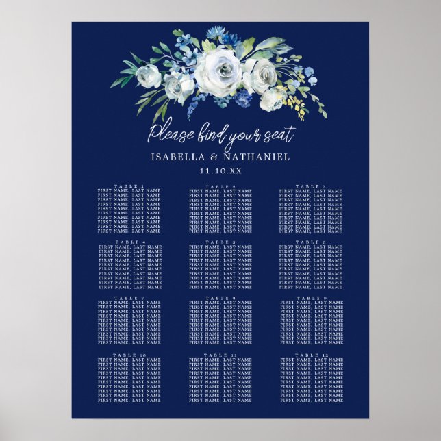 Póster Cuadro de asientos de Boda de Invierno Floral Azul (Frente)