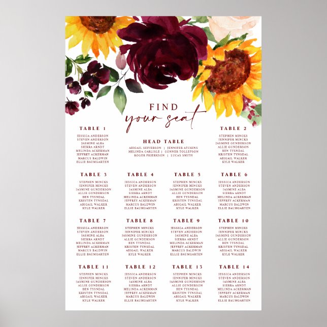 Póster Cuadro de asientos de boda otoño Rosas de girasol  (Frente)