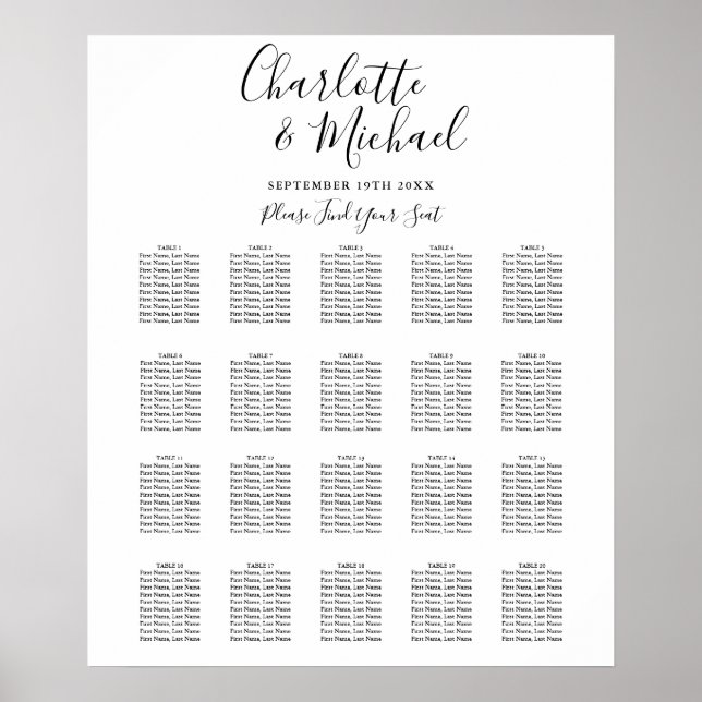Póster Cuadro De Asientos De Bodas Con Firma En Blanco Y  (Frente)