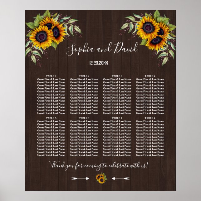Póster Cuadro de asientos de Bodas de madera de girasoles (Frente)