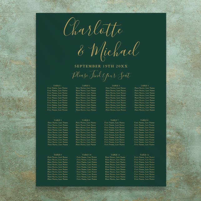 Póster Cuadro De Asientos De Bodas De Oro Y Verde Esmeral (Emerald Green And Gold Wedding Seating Chart)