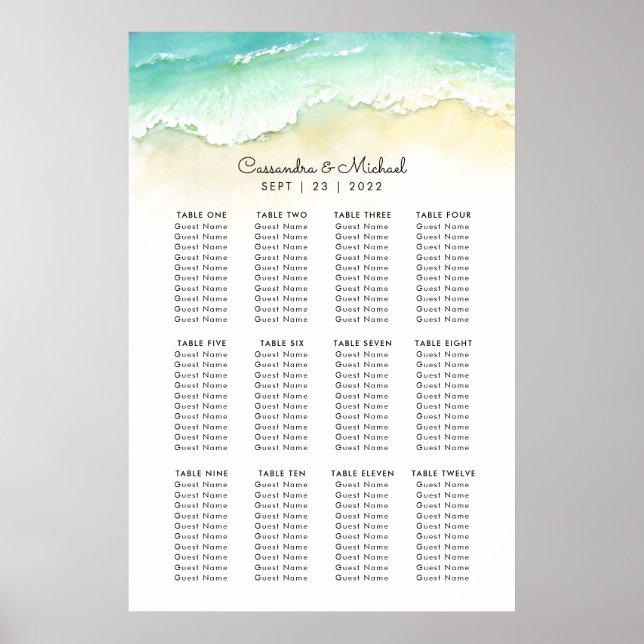 Póster Cuadro de asientos de bodas de playa (Frente)