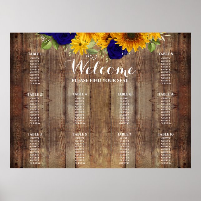 Póster Cuadro de asientos de Bodas de Rosas de girasol y  (Frente)