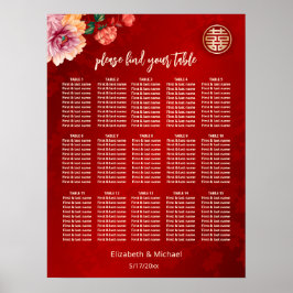 Póster Cuadro de asientos de Bodas Peony Red Chinese