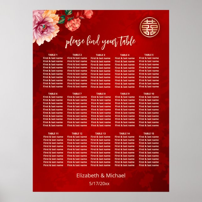 Póster Cuadro de asientos de Bodas Peony Red Chinese (Frente)