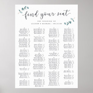 Póster Cuadro de asientos del Boda alfabético Eucalyptus