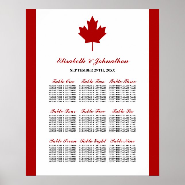 Póster Cuadro de asientos del Boda de bandera canadiense (Frente)
