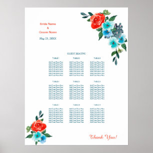 Póster Cuadro de Bodas de Coral y Aqua Floral