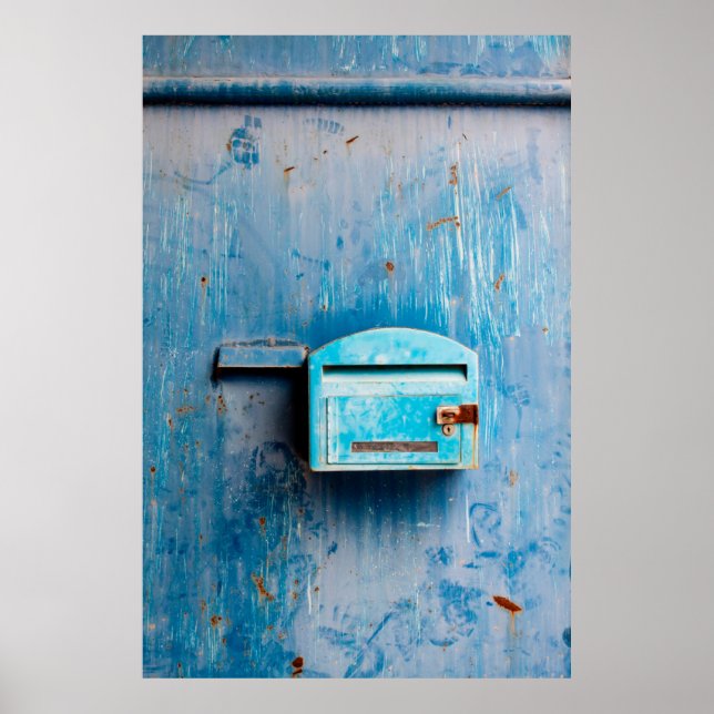 Póster Cuadro de correo antiguo en la puerta, fondo, azul (Frente)