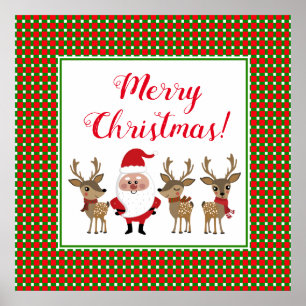 Póster Cuadro de Navidad Rojo Verde Papá Noel Reno