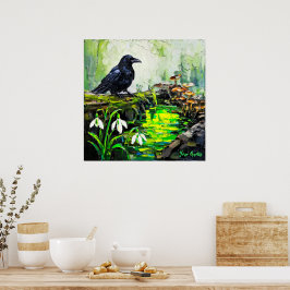 Póster Cuadro de óleo de cuervo negro y arroyo de bosque