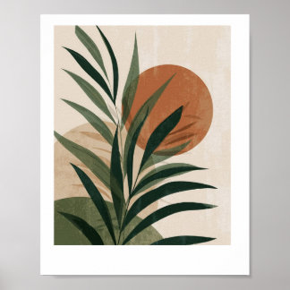 Póster Cuadro Hojas verdes y puesta de sol 