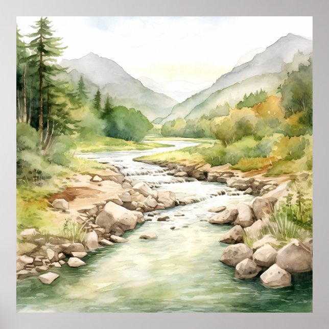 Póster Cuadros de acuarela de Mountain River Alaska (Frente)