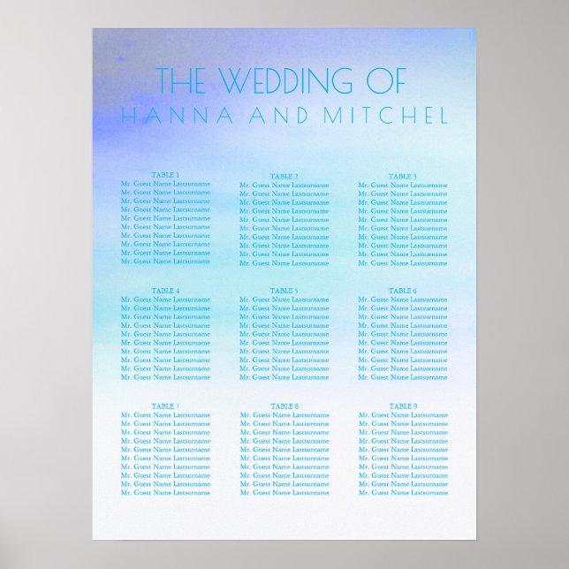 Póster Cuadros de agua azules Boda gráfico de asientos (Frente)