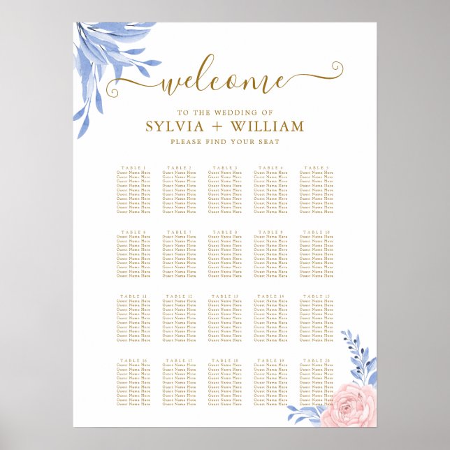 Póster Cuadros de asiento Rosa de Boda azul floral dorado (Frente)