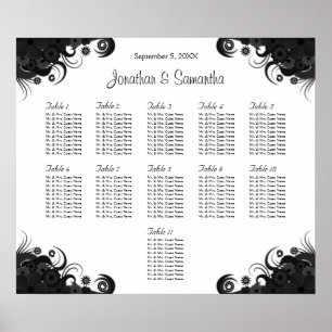Póster Cuadros de asientos de 11 mesas Bodas en blanco y