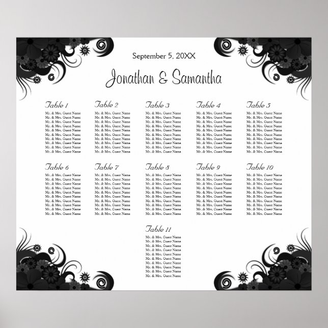 Póster Cuadros de asientos de 11 mesas Bodas en blanco y  (Frente)