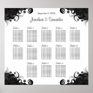 Póster Cuadros de asientos de 13 mesas Bodas en blanco y