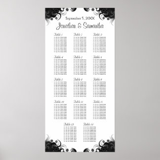 Póster Cuadros de asientos de 14 mesas Bodas en blanco y