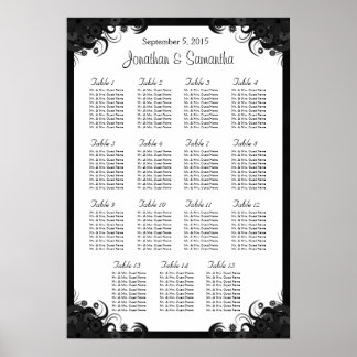 Póster Cuadros de asientos de 15 mesas Bodas en blanco y