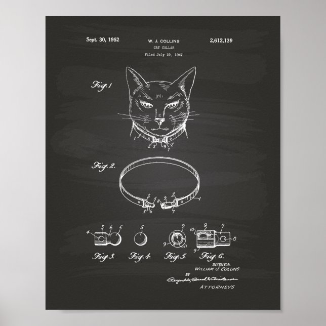 Póster Cuadros de Cat Collar 1952 Patent Art Chalkboard (Frente)