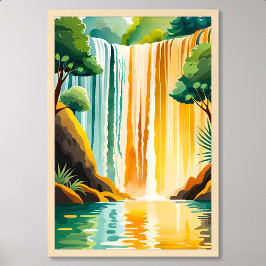 Póster Cuadros dorados de cascada rodeados de rocas