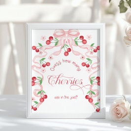 Póster Cuántas cerezas en el tarro lazo rosa Baby shower