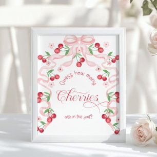 Póster Cuántas cerezas en el tarro lazo rosa Baby shower