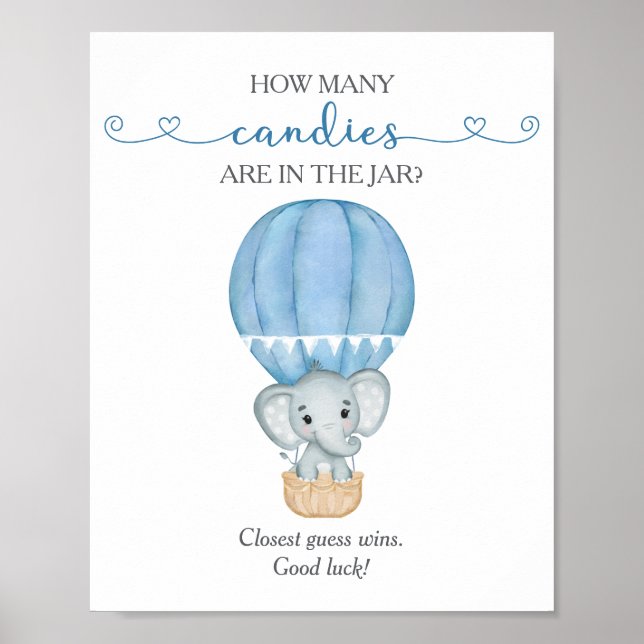 Póster Cuántos Candies Blue Elephant Juego de Baby Shower (Frente)