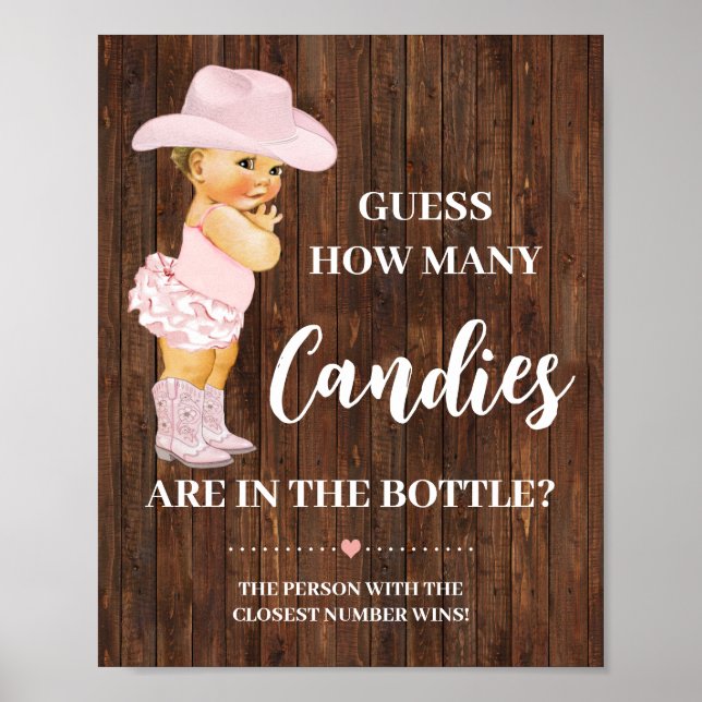 Póster ¿Cuántos Cowgirl Candies Baby Shower Game Rótulo (Frente)