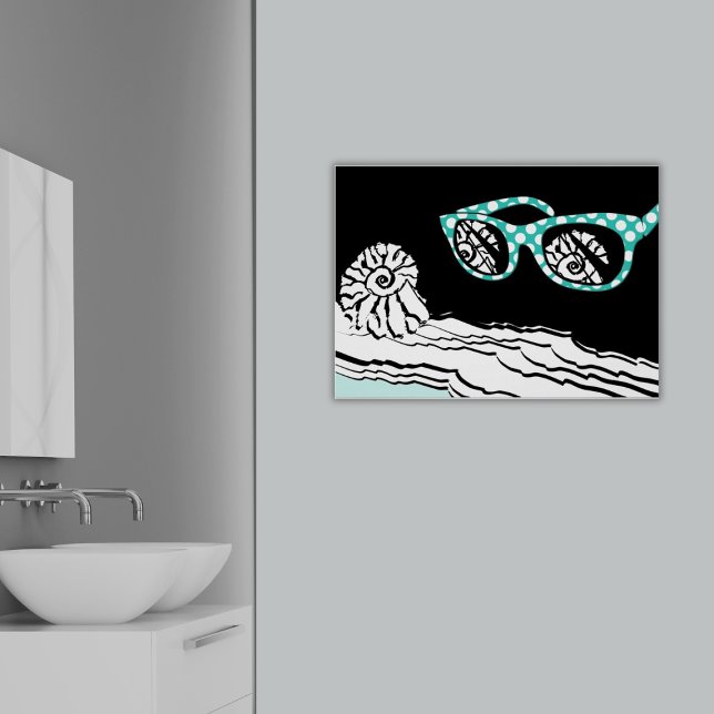 Póster Cuarto de baño de cristales de poliéster turquesa  (Turquoise Sunglasses at the Beach, Shell Mirroring, Surf Rolling, Bathroom Art)