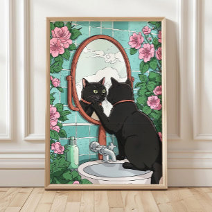 Póster Cuarto de baño Gato negro en espejo Imprimir, dive