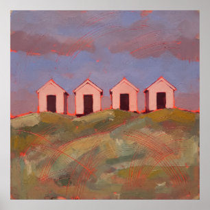 Póster Cuatro cabañas de playa rosadas paisaje costero me