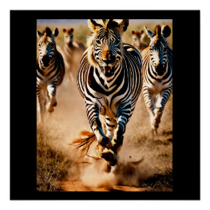 Póster Cuatro cebras corriendo por la sabana mientras un 